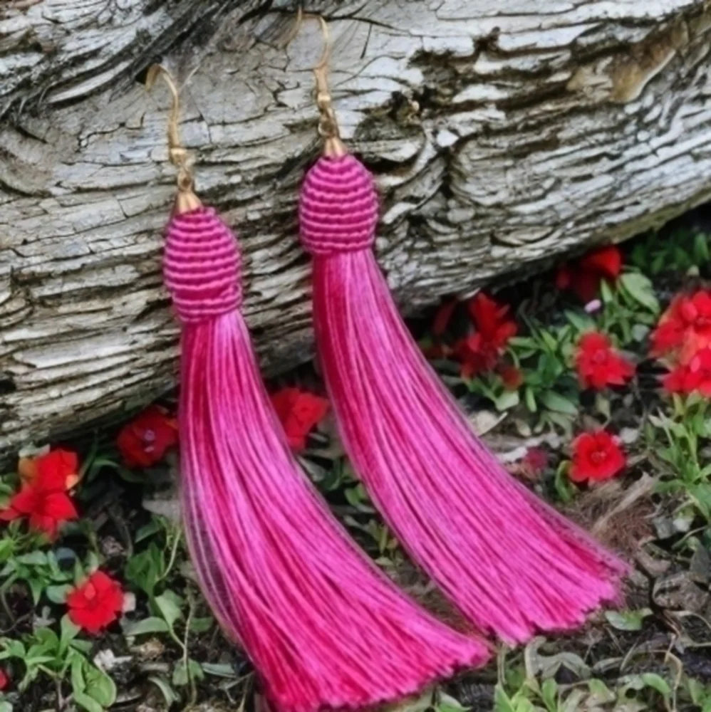 J.CREW HOT PINK TASSEL EARRINGS 2 - Picture 3 of 4